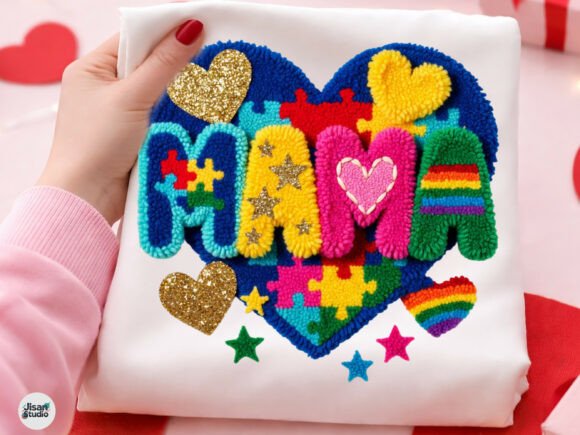 Autism Mama Faux Yarn Heart Patch PNG