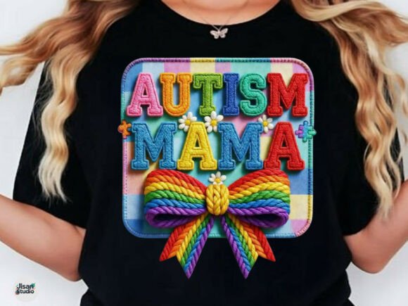 Autism Mama Rainbow Bow Faux Yarn PNG