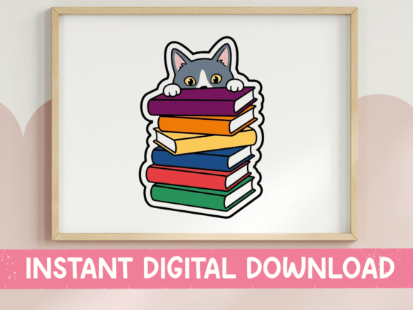 Cat Peeking over Book Stack Sticker Graphics