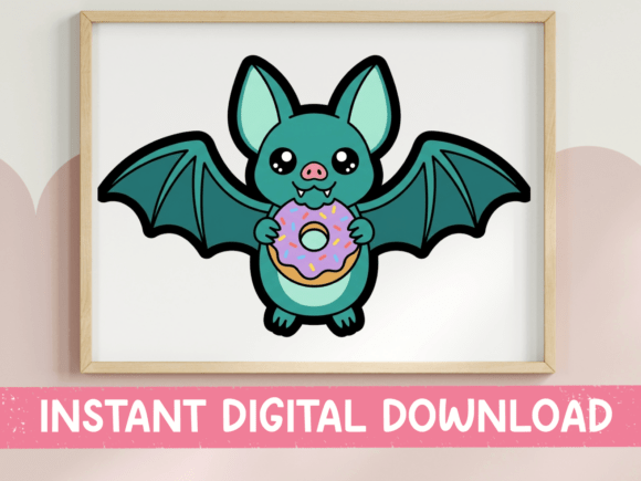 Teal Bat Holding Donut Kawaii Sticker: Graphics for T-Shirt Designs